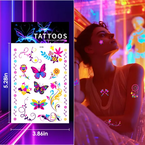 Miniatura 3 de 20 hojas de tatuajes temporales de brillo reactivo UV, neón UV luz negra reactiva lindos tatuajes adhesivos, flores impermeables suministros