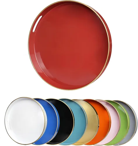 Miniatura 10 de Bandeja decorativa redonda azul con asas, bandeja de servir elegante de 13" para mesa de café, estilo otomano para sala de estar, baño, exteriores