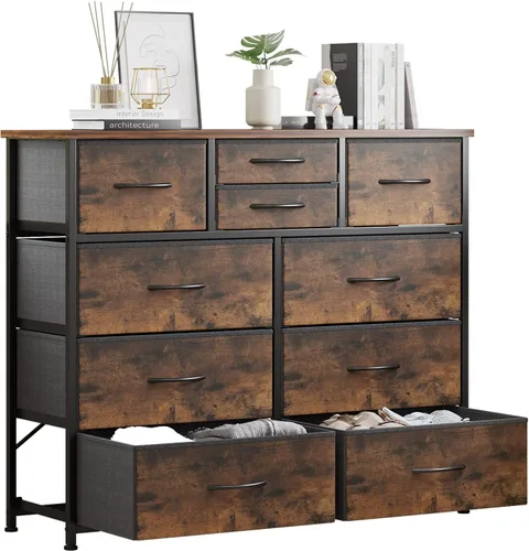 Miniatura 10 de LUMTOK - Cómoda de 10 cajones, cómodas de tela para dormitorio, pasillo, guardería, armarios, marco de acero, parte superior de madera, mango fácil