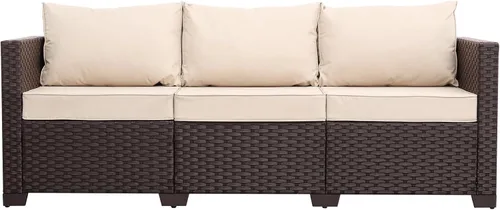 Miniatura 7 de Oasishine Muebles de patio de 3 asientos, sofá de mimbre para exteriores, sofá de exterior, asiento profundo, respaldo alto, cojines Caqui