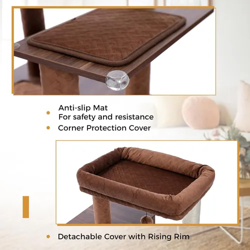 Miniatura 6 de Árbol alto para gatos con recinto para caja de arena de 56.7" Torre de madera para gatos para gatos grandes con hamaca casa cama para gatos