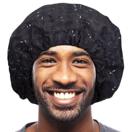 Miniatura 11 de Gorro de ducha para hombre, gorro de baño negro, reversible, con forro de rizo, grande, impermeable, ajustable, banda elástica, dobladillo elástico