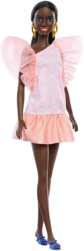 Miniatura 4 de Muñeca Barbie Fashionistas #216 con cuerpo alto y cabello negro en moño bajo en vestido de fiesta rosa y melocotón, juguete coleccionable del 65