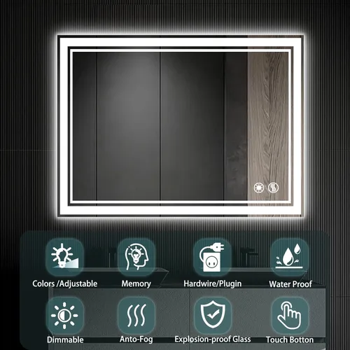 Miniatura 3 de COLMERD Espejo LED de 28 x 36 pulgadas para baño, 3 colores regulables, espejo de baño con luces, espejo de tocador antivaho brillo iluminado