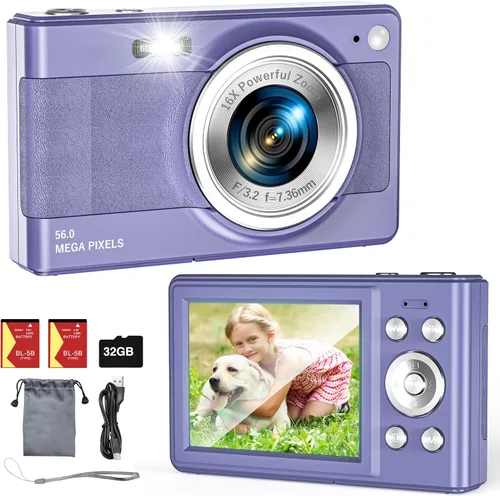 Miniatura 8 de Cámara digital mejorada, 56MP FHD 1080P para niños con zoom 16x anti-sacudida, tarjeta TF de 32GB, dos baterías, cordón, compacta pequeña para niños