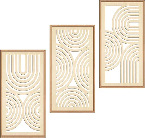 IARTTOP Juego de 3 arte de pared con marco de madera bohemio, decoración de pared de madera moderna de mediados de siglo, minimalista, natural,