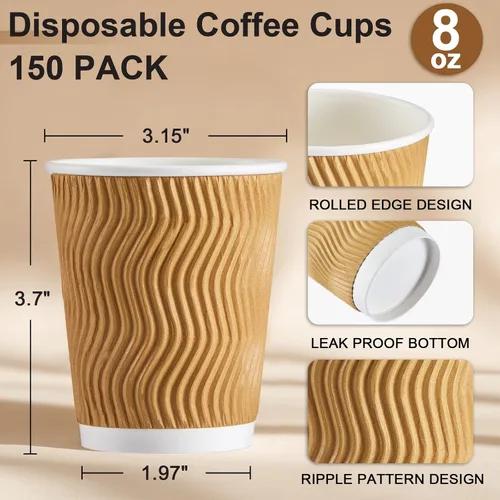 Miniatura 3 de SIUQ Tazas de café de 8 onzas – Paquete de 150 vasos de papel desechables aislados de 8 onzas, tazas de pared onduladas corrugadas para bebidas