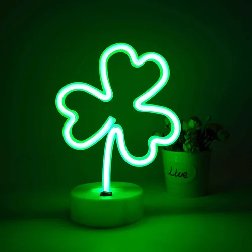 Letrero de neón con forma de trébol, luz nocturna para el día de San Patricio, funciona con USB y pilas, trébol verde brillante, decoración