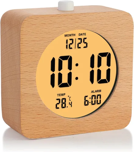 Plumeet Reloj Despertador Digital de Madera para Dormitorios, Reloj Despertador de Madera de 4'' a Batería con Repetición y Luz Nocturna, Reloj