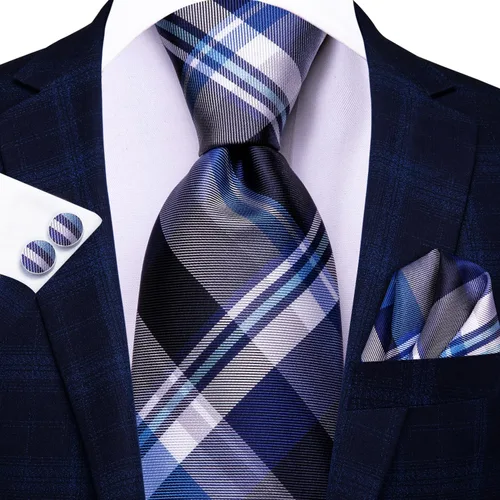 Miniatura 227 de Hi-Tie Corbata clásica de cachemira para hombre con pañuelo y gemelos a cuadros