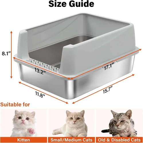 Miniatura 2 de Caja de arena de acero inoxidable con tapa, caja de arena de metal para gatitos, cajas de arena de entrada baja con pala y alfombra, caja de arena
