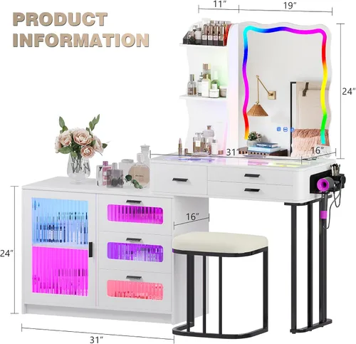 Miniatura 8 de Mesa de Tocador RGB para Maquillaje con Estación de Carga Inalámbrica, Escritorio de Tocador con Espejo Iluminado y Silla, 8 Cajones, Taburete, Mesa