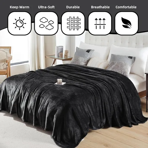 Miniatura 2 de Manta de Forro Polar Negro para Sofá, Silla, Sillón, Suave, Cálida, Mullida y Acogedora para Mujeres y Hombres, 300GSM Decoración de Habitación
