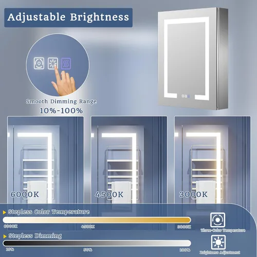 Miniatura 3 de ExBrite Botiquín de baño con iluminación LED con espejo, 24 x 30 pulgadas, empotrado o montaje en superficie, antivaho, atenuación continua, ajuste
