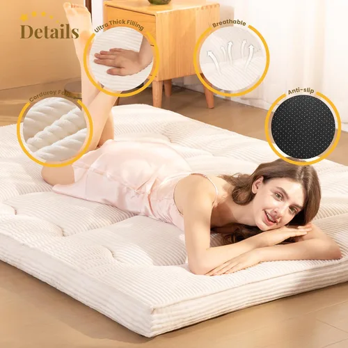 Miniatura 3 de Colchón japonés para suelo, colchón de futón de 4" de grosor tamaño Queen, almohadilla para dormir, almohadilla de suelo plegable de pana, tapete