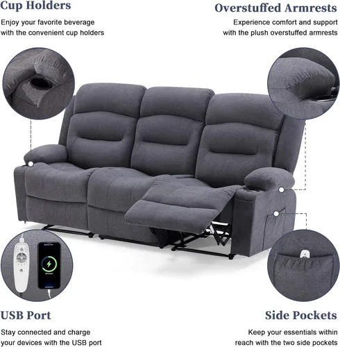 Miniatura 5 de Weture Sofá reclinable extra grande con calor y masaje, sofá reclinable de pared con portavasos y puerto USB, sofá reclinable grande de 3 plazas