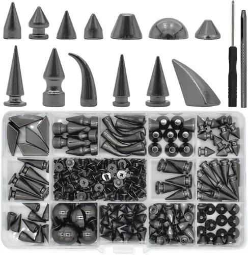 Miniatura 9 de 150 juegos de picos y tachuelas punk, 13 formas de clavos de cono de cuero, remaches góticos con tornillos traseros con herramientas de instalación