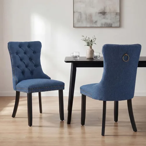 Miniatura 48 de OVENTA Juego de 4 sillas de comedor modernas tapizadas copetudas, terciopelo negro y gris y cuero con patas de madera maciza, sillas de cocina