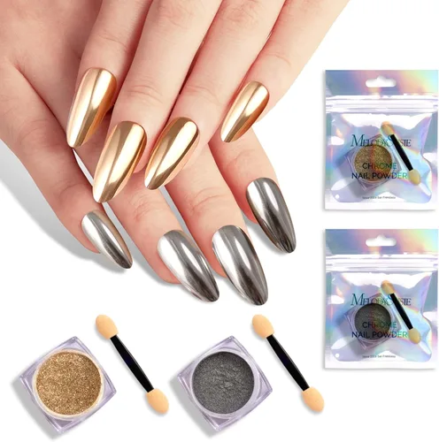 Miniatura 16 de MelodySusie Polvo para Uñas Oro Champán con Efecto Cromo para Uñas de Gel, Pigmento Metálico con Efecto Espejo, Purpurina Fina Elegante