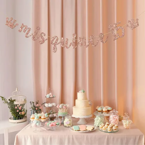 Miniatura 6 de Cartel de membrillo Mis 15, decoraciones para fiesta de cumpleaños de 15 años, pancarta de quince signos, decoraciones de fiesta de cumpleaños 15