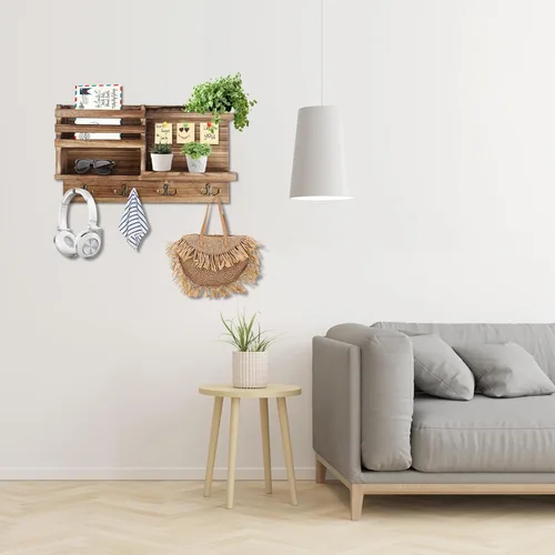 Miniatura 5 de Porta Llaves de Pared, Organizador de Llaves y Correo de Madera Sólida para Pared (Autoadhesivo o con Taladro), 8 Ganchos para Llavero para Entrada