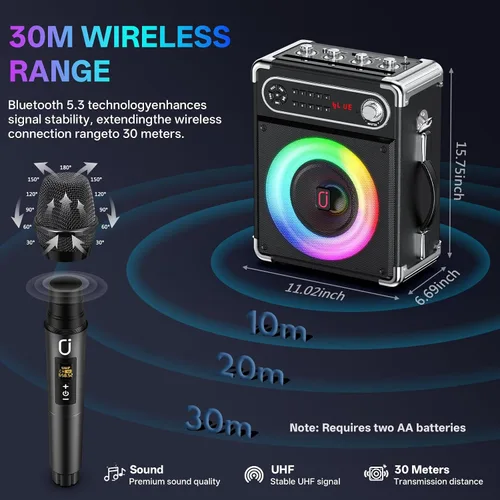 Miniatura 8 de JYX - Máquina de karaoke con dos micrófonos inalámbricos, altavoz Bluetooth portátil con ajuste de graves/agudos, sistema de PA con control remoto