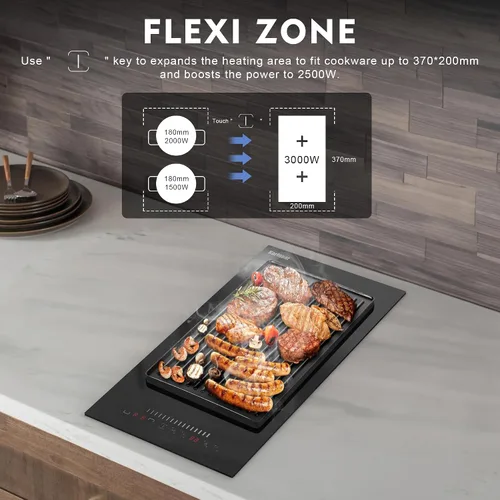 Miniatura 2 de Karinear Placa de inducción de 12 pulgadas, 2 quemadores, estufa de inducción incorporada con zona flexible, bloqueo de seguridad para niños