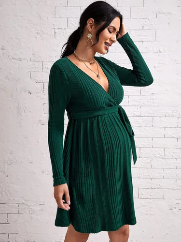Miniatura 3 de MakeMeChic Vestido de maternidad para mujer, manga larga, cuello en V, acanalado, con cinturón, vestido de embarazo
