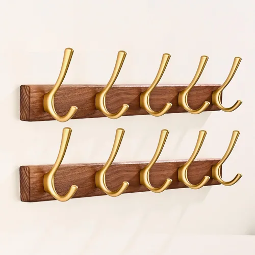 Miniatura 16 de Perchero de pared pequeño de madera de nogal de 17.3 pulgadas con 4 ganchos, colgador de chaquetas de madera resistente montado en puerta