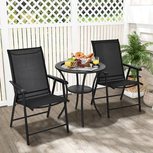 Miniatura 2 de Tangkula Juego de 2 sillas plegables para patio, sillas de comedor de tela para exteriores con respaldo alto y reposabrazos, marco de metal Negro