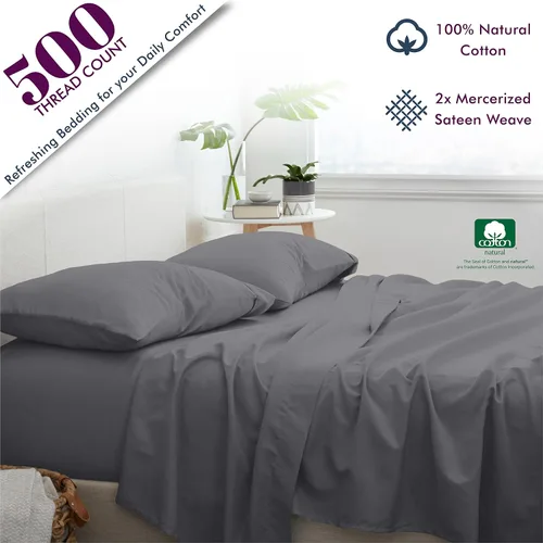 Miniatura 2 de XOOX Linen Sábana bajera de 500 hilos tamaño individual – Sábana bajera de 500 hilos suave de tejido satén de 100 % algodón color gris oscuro