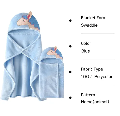 Miniatura 3 de TONWHAR Manta con capucha de cara de animal para bebés y niños de 0 a 4 años, manta de felpa para después del baño (caballo azul)