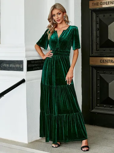Miniatura 3 de Amegoya Vestido largo de terciopelo de manga corta con cuello en V para mujer, vestido largo formal para invitados de boda, otoño, noche, fiesta
