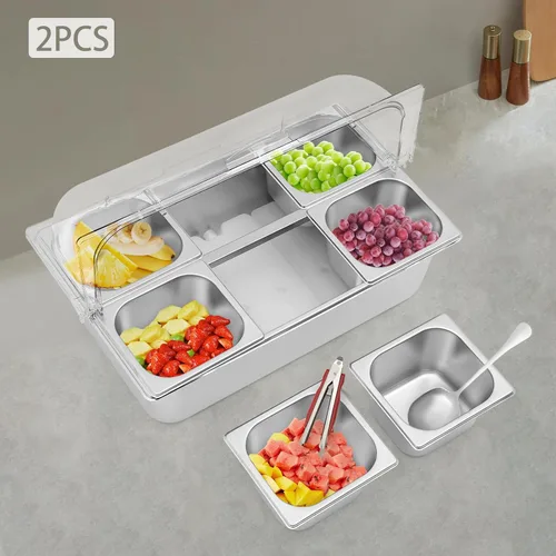 Miniatura 6 de Recipiente de exhibición de alimentos para encimera, 6 sartenes, bandeja de acero inoxidable para servir alimentos helados con cubierta superior
