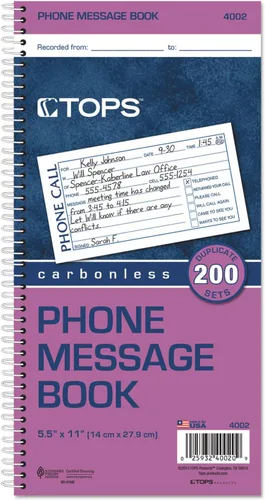 Miniatura 2 de TOPS Libro de mensajes de teléfono, duplicado sin carbono, 4 mensajes por página, 200 juegos por libro (4002)