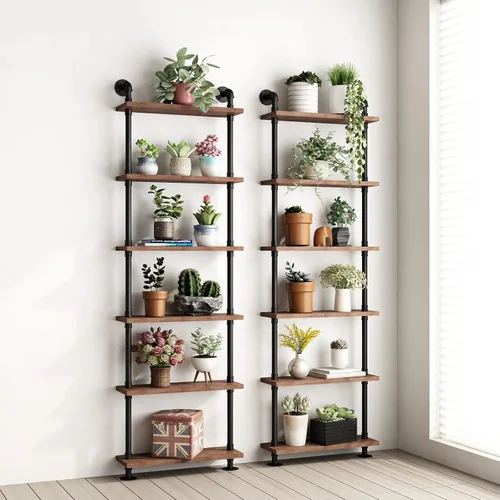 Miniatura 6 de Estantería industrial con escalera de madera rústica, estante industrial para decoración y almacenamiento de sala de estar, estantería