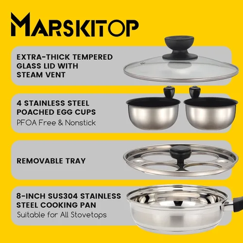 Miniatura 3 de MARSKITOP Sartén antiadherente para 4 huevos, olla para huevos escalfados de acero inoxidable, sartén escalfada sin PFOA, máquina de huevos