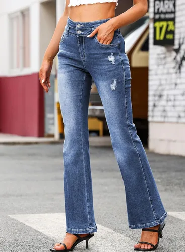 Miniatura 3 de Sidefeel Pantalones de mezclilla acampanados destruidos de cintura alta para mujer