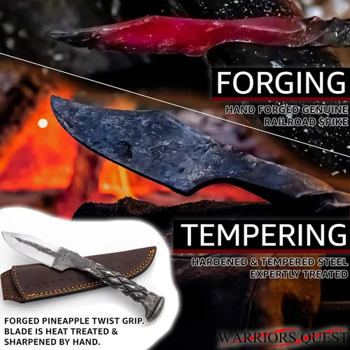 Miniatura 7 de WARRIORS QUEST™ - SideWinder Railroad Spike Knife - Cuchillo de acero al carbono forjado a mano y tratado térmicamente con funda de cuero de primera
