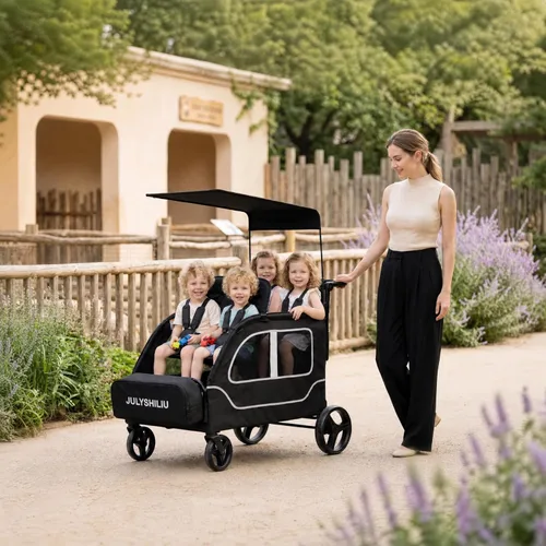 Miniatura 2 de Cochecito grande de 4 plazas, 2, 3, niños pequeños, color negro Car Shaped, Foldable, All Terrain, Removable Canopy, 5 Point Harness, Travel