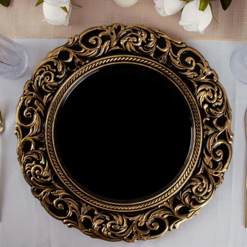 Efavormart juego de 6 platos de plástico redondos de 35.56 cm, negro/dorado con diseño barroco grabado en el borde para eventos de boda y fiesta