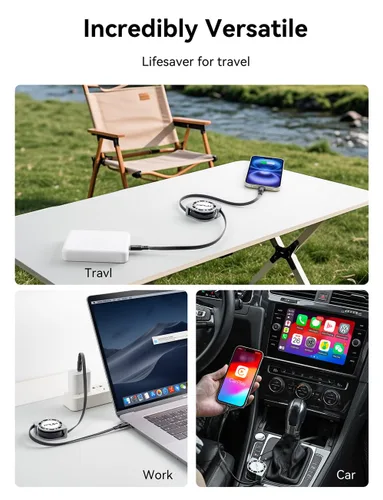 Miniatura 12 de Cable retráctil USB C a USB C (1.2 m, 2 unidades), cable de carga rápida USBC 5A de 100W, cable de carga tipo C para iPhone 17 16 15 Pro Plus Pro
