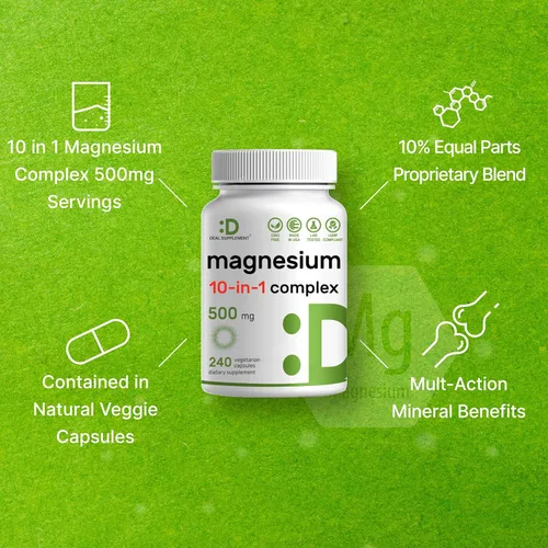 Miniatura 4 de Complejo de magnesio de 500 mg, 480 cápsulas vegetarianas, paquete de 2, glicinato, citrato, malato, óxido y más 100% quelado para una fácil