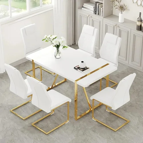 Miniatura 32 de Moderno juego de mesa de comedor para 4, juego de mesa de comedor dorado de 55 pulgadas con 4 sillas de piel sintética negra, mesa de madera negra