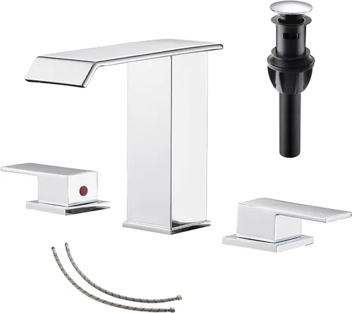 Grifo de baño cromado con cascada de 3 agujeros, 2 manijas, polisehd, cascada cromada, moderna, con drenaje desplegable Cromo