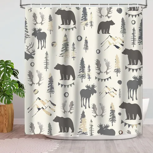 Miniatura 7 de Cortina de ducha de oso de 72 x 72 pulgadas, decoración de baño de bosque de montaña con ciervos y pinos, juego de tela impermeable con temática