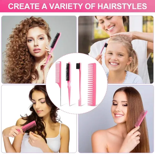 Miniatura 2 de Juego de 4 peines para el cabello, cepillo de cerdas para borde, peine de cola de rata y peine de dientes anchos para mujeres, niñas y hombres, Rosa