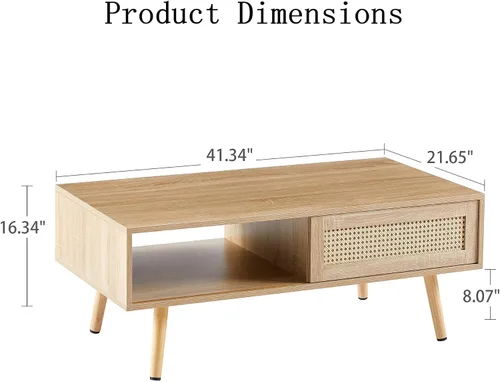 Miniatura 2 de Meihua Mesa auxiliar de ratán de 41.3 pulgadas con almacenamiento, mesa de sofá moderna de mediados de siglo con puerta corredera y patas de madera