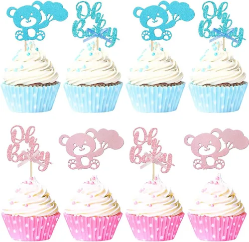 Miniatura 5 de 36 piezas de decoración de cupcakes con lazo rosa y azul para revelación de género, temática de niño o niña, decoración de cupcakes de papel
