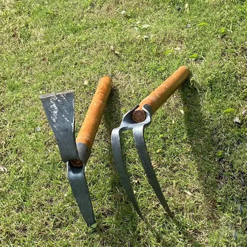 Miniatura 4 de Juego de 2 palillos de jardín de 19.6 pulgadas, juego de herramientas de azada de mano de 2 puntas, herramienta de jardín con mango de madera